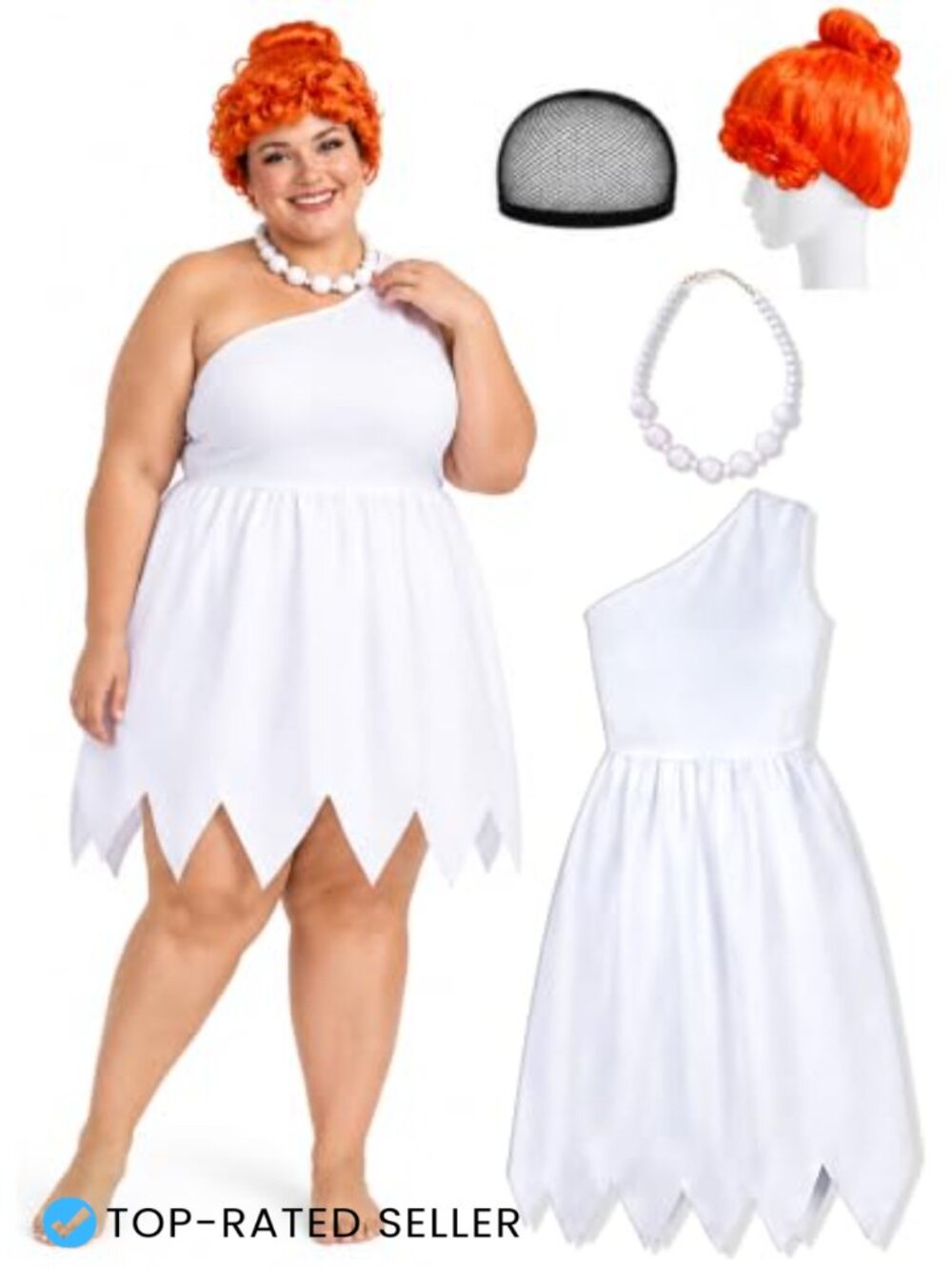 Women's Cave Woman Halloween Costume Set One-Shoulder Dress Wig Necklace